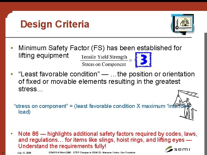 Design Criteria • Minimum Safety Factor (FS) has been established for lifting equipment •