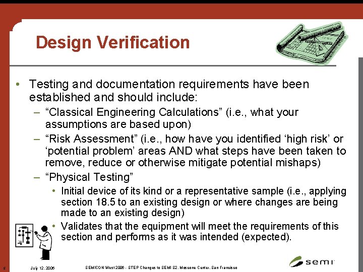 Design Verification • Testing and documentation requirements have been established and should include: –