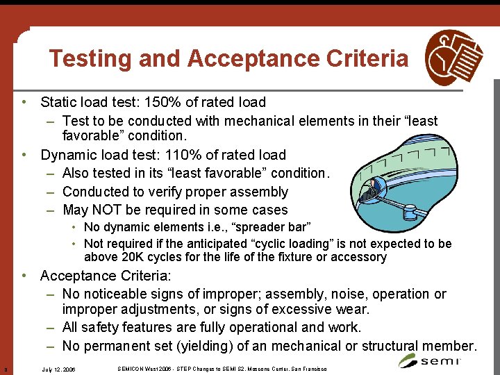 Testing and Acceptance Criteria • Static load test: 150% of rated load – Test