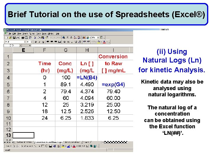 Brief Tutorial on the use of Spreadsheets (Excel®) (ii) Using Natural Logs (Ln) for