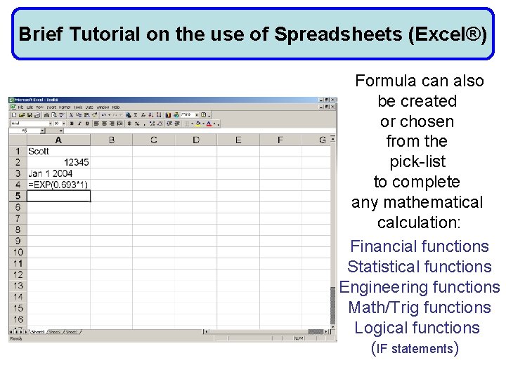 Brief Tutorial on the use of Spreadsheets (Excel®) Formula can also be created or