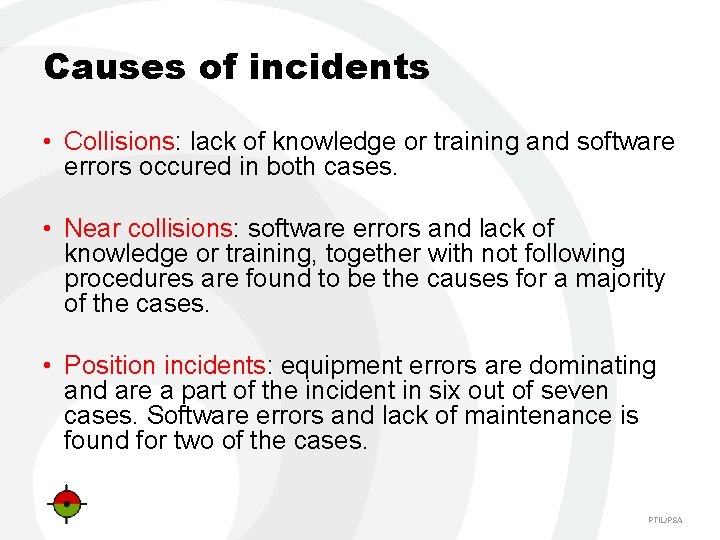 Causes of incidents • Collisions: lack of knowledge or training and software errors occured