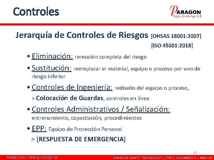 Controles Jerarquía de Controles de Riesgos [OHSAS 18001: 2007] [ISO 45001: 2018] • Eliminación:
