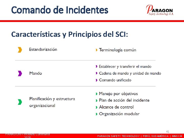 Comando de Incidentes Características y Principios del SCI: PARAGON – Incident Command 41 PARAGON Comando de Incidentes Características y Principios del SCI: PARAGON – Incident Command 41 PARAGON