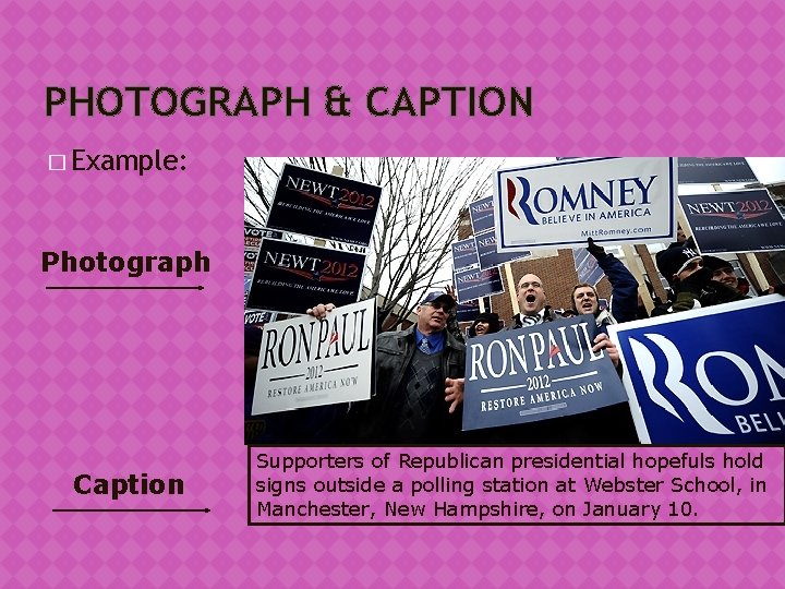 PHOTOGRAPH & CAPTION � Example: Photograph Caption Supporters of Republican presidential hopefuls hold signs