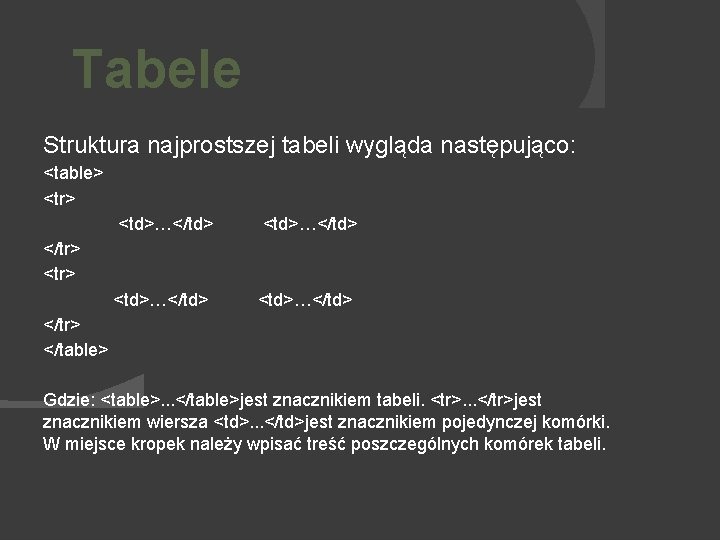 Tabele Struktura najprostszej tabeli wygląda następująco: <table> <tr> <td>…</td> </tr> </table> Gdzie: <table>. .