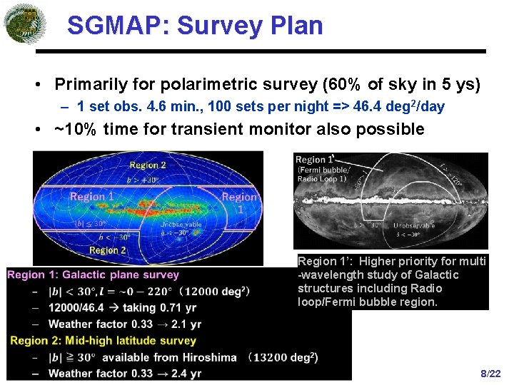 SGMAP: Survey Plan • Primarily for polarimetric survey (60% of sky in 5 ys)