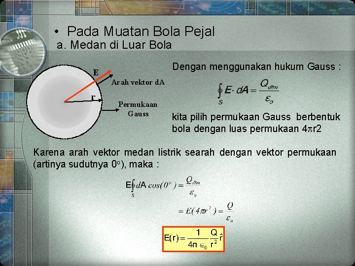  • Pada Muatan Bola Pejal a. Medan di Luar Bola Dengan menggunakan hukum