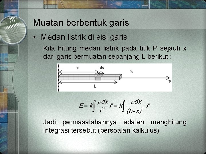 Muatan berbentuk garis • Medan listrik di sisi garis Kita hitung medan listrik pada