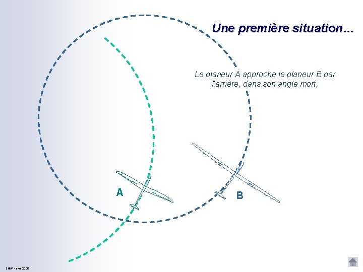 Une première situation… Le planeur A approche le planeur B par l’arrière, dans son