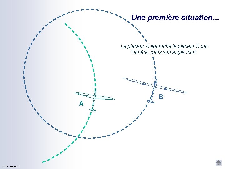 Une première situation… Le planeur A approche le planeur B par l’arrière, dans son