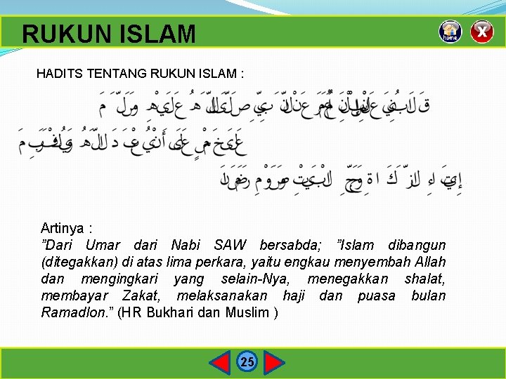 RUKUN ISLAM HADITS TENTANG RUKUN ISLAM : Artinya : ”Dari Umar dari Nabi SAW