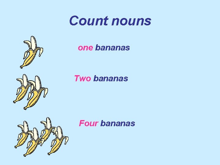 Count nouns one bananas Two bananas Four bananas 