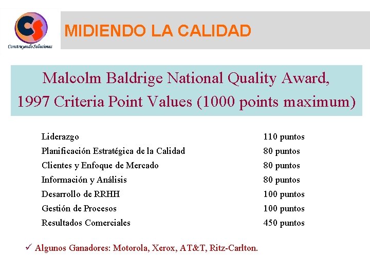 MIDIENDO LA CALIDAD Malcolm Baldrige National Quality Award, 1997 Criteria Point Values (1000 points MIDIENDO LA CALIDAD Malcolm Baldrige National Quality Award, 1997 Criteria Point Values (1000 points