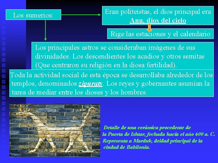 Los sumerios: Eran politeístas, el dios principal era Anu, dios del cielo Rige las