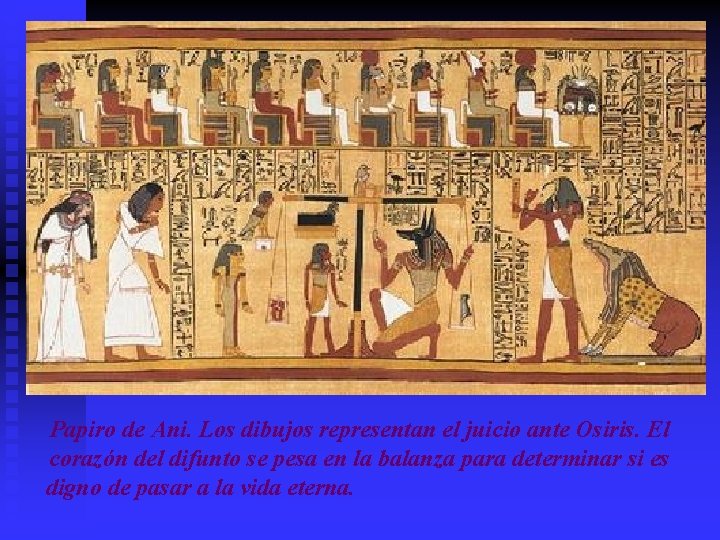 Papiro de Ani. Los dibujos representan el juicio ante Osiris. El corazón del difunto