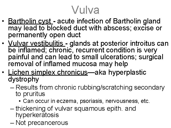 Vulva • Bartholin cyst - acute infection of Bartholin gland may lead to blocked