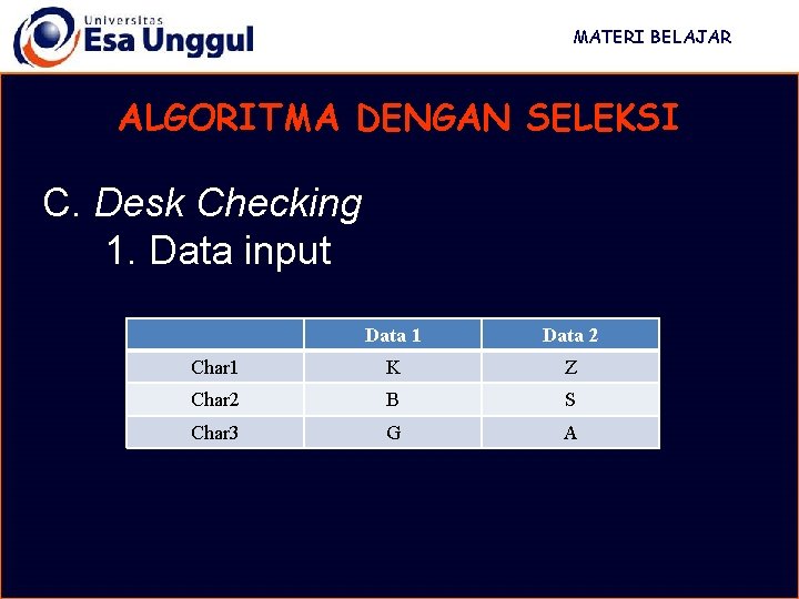 MATERI BELAJAR ALGORITMA DENGAN SELEKSI C. Desk Checking 1. Data input Data 1 Data MATERI BELAJAR ALGORITMA DENGAN SELEKSI C. Desk Checking 1. Data input Data 1 Data