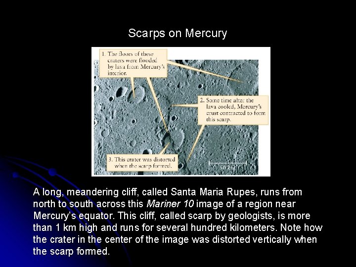 Scarps on Mercury A long, meandering cliff, called Santa Maria Rupes, runs from north