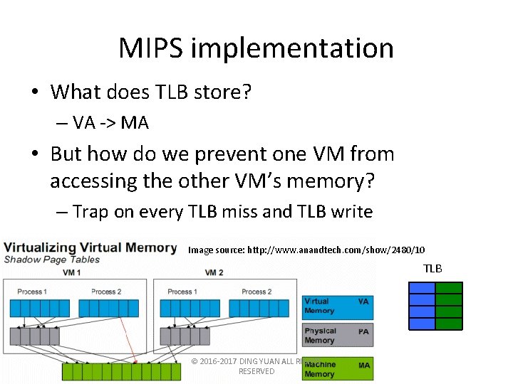 MIPS implementation • What does TLB store? – VA -> MA • But how