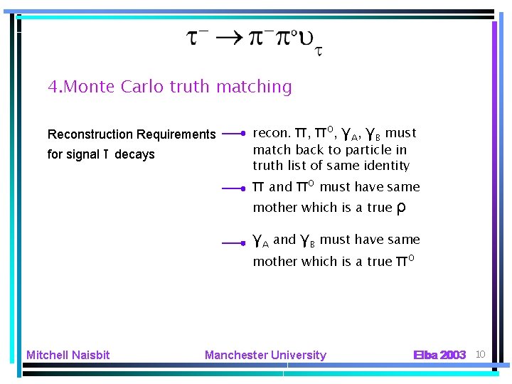 4. Monte Carlo truth matching Reconstruction Requirements for signal τ decays recon. π, πo,