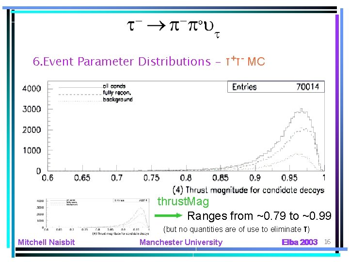 6. Event Parameter Distributions - τ+τ- MC n. Neutrals Ranges from 2 to ~15