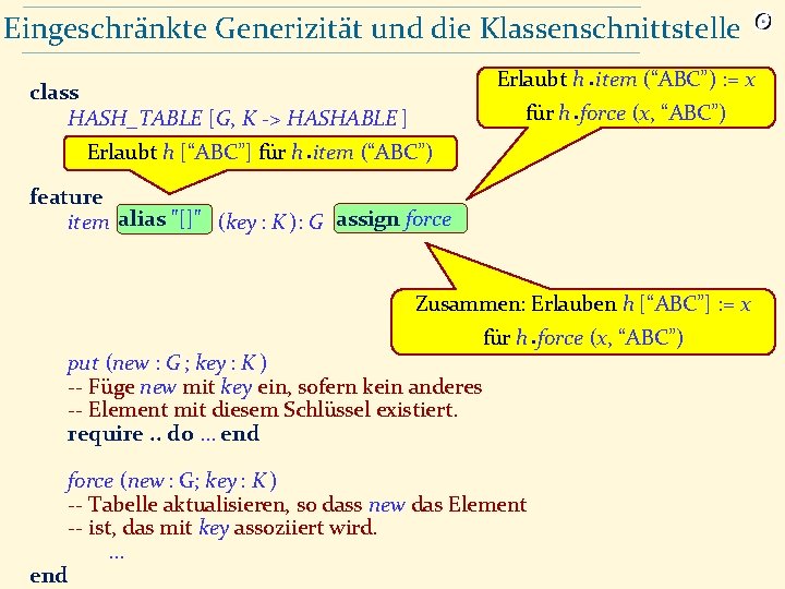 Eingeschränkte Generizität und die Klassenschnittstelle Erlaubt h item (“ABC”) : = x class HASH_TABLE