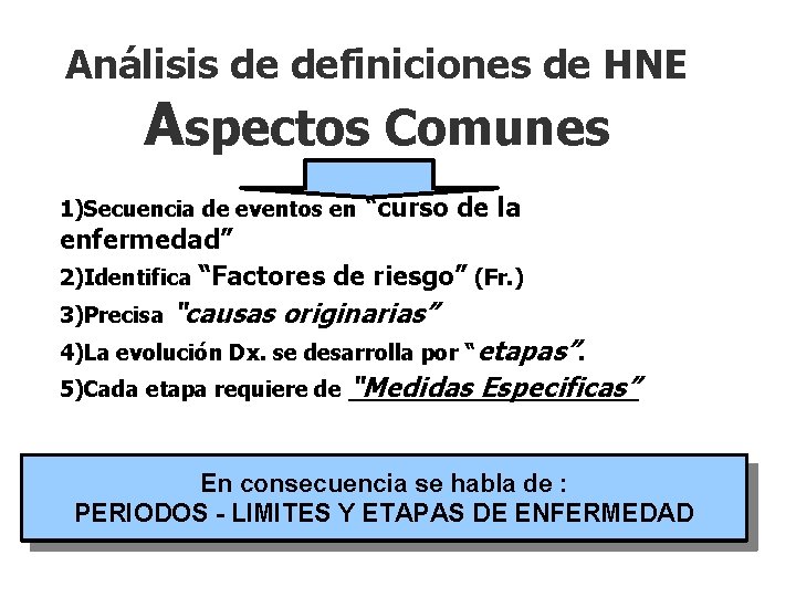 Análisis de definiciones de HNE Aspectos Comunes 1)Secuencia de eventos en “curso de la