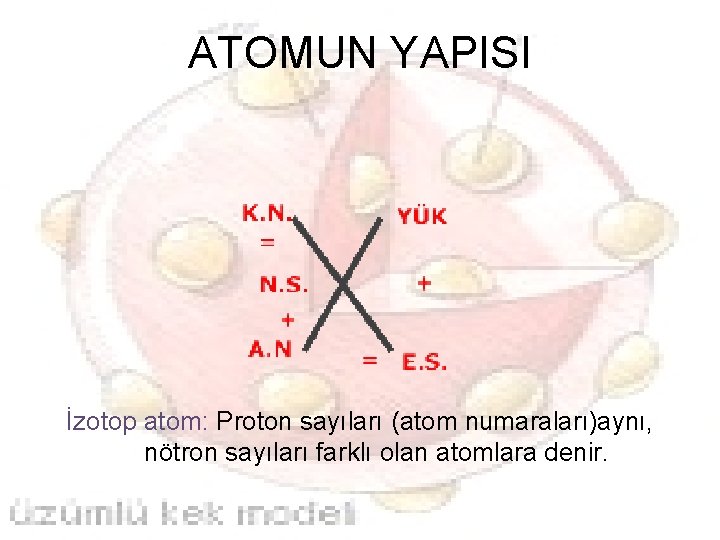 ATOMUN YAPISI İzotop atom: Proton sayıları (atom numaraları)aynı, nötron sayıları farklı olan atomlara denir.
