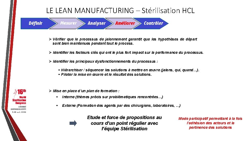 LE LEAN MANUFACTURING – Stérilisation HCL Ø Vérifier que le processus de jalonnement garantit