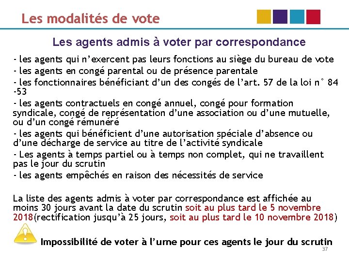 Les modalités de vote Les agents admis à voter par correspondance - les agents