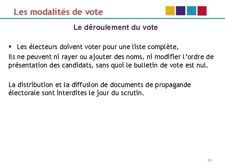 Les modalités de vote Le déroulement du vote § Les électeurs doivent voter pour