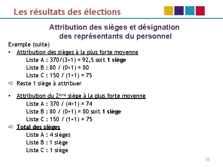 Les résultats des élections Attribution des sièges et désignation des représentants du personnel Exemple