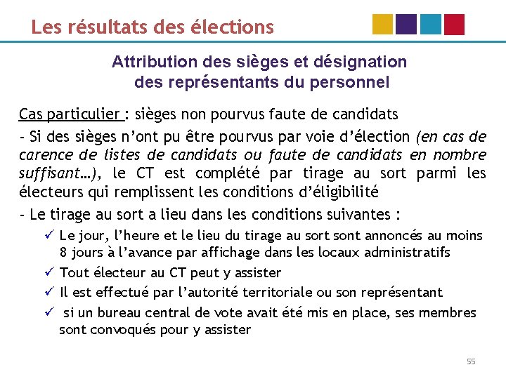 Les résultats des élections Attribution des sièges et désignation des représentants du personnel Cas