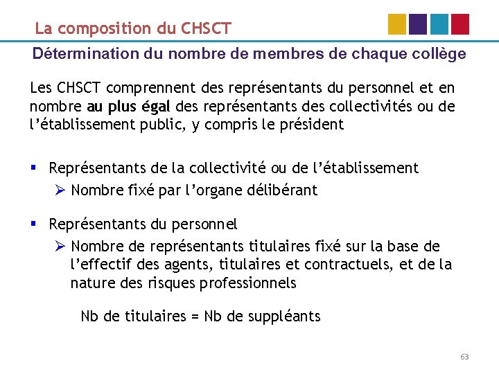 La composition du CHSCT Détermination du nombre de membres de chaque collège Les CHSCT