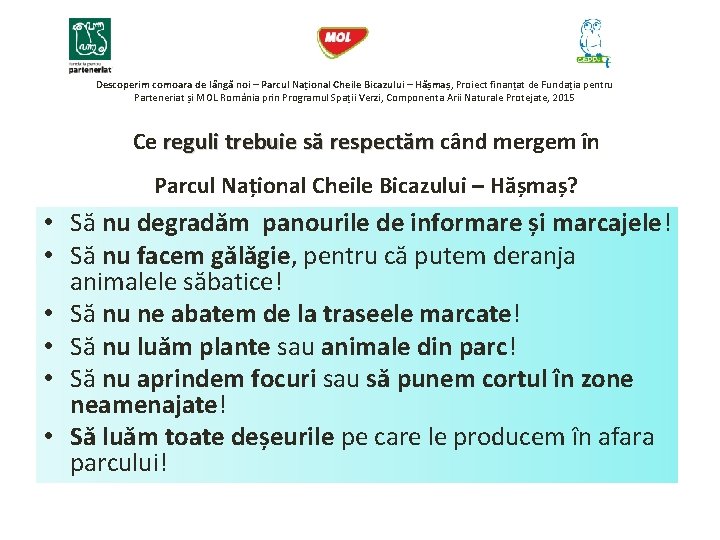 Descoperim comoara de lângă noi – Parcul Național Cheile Bicazului – Hășmaș, Proiect finanțat