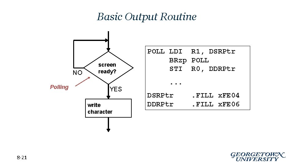 Basic Output Routine NO Polling screen ready? YES write character 8 -21 POLL LDI