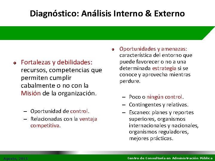 Diagnóstico: Análisis Interno & Externo Fortalezas y debilidades: recursos, competencias que permiten cumplir cabalmente