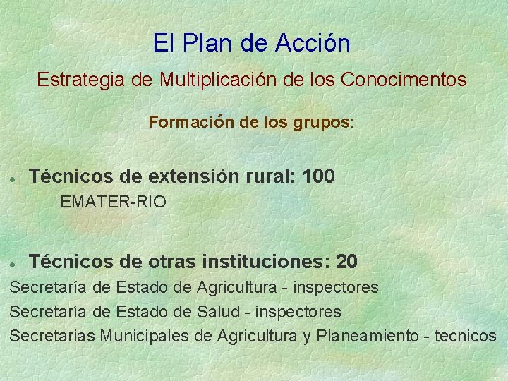 El Plan de Acción Estrategia de Multiplicación de los Conocimentos Formación de los grupos: