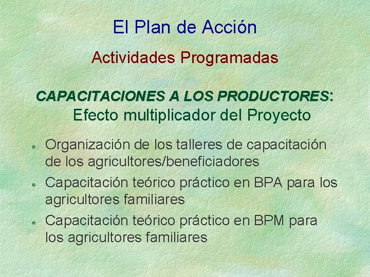 El Plan de Acción Actividades Programadas CAPACITACIONES A LOS PRODUCTORES: Efecto multiplicador del Proyecto
