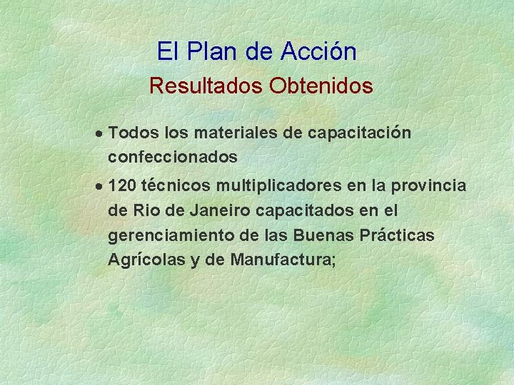 El Plan de Acción Resultados Obtenidos · Todos los materiales de capacitación confeccionados ·