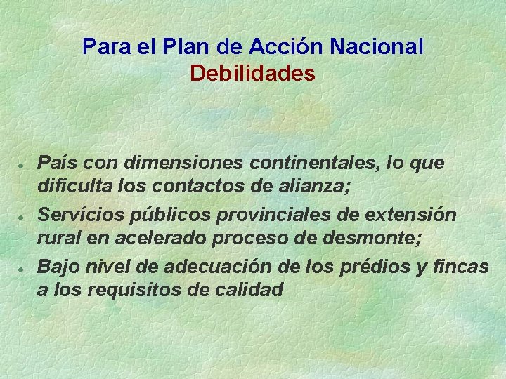 Para el Plan de Acción Nacional Debilidades l l l País con dimensiones continentales,