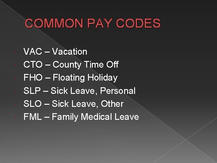 COMMON PAY CODES VAC – Vacation CTO – County Time Off FHO – Floating