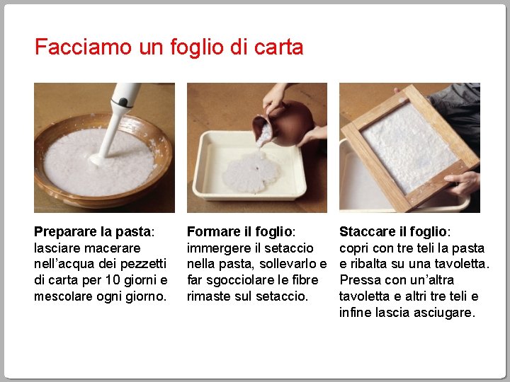 Facciamo un foglio di carta Preparare la pasta: lasciare macerare nell’acqua dei pezzetti di