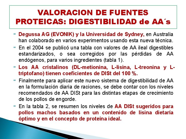 VALORACION DE FUENTES PROTEICAS: DIGESTIBILIDAD de AA´s Degussa AG (EVONIK) y la Universidad de