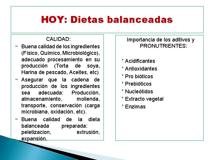 HOY: Dietas balanceadas CALIDAD: Buena calidad de los ingredientes (Físico, Químico, Microbiológico), adecuado procesamiento