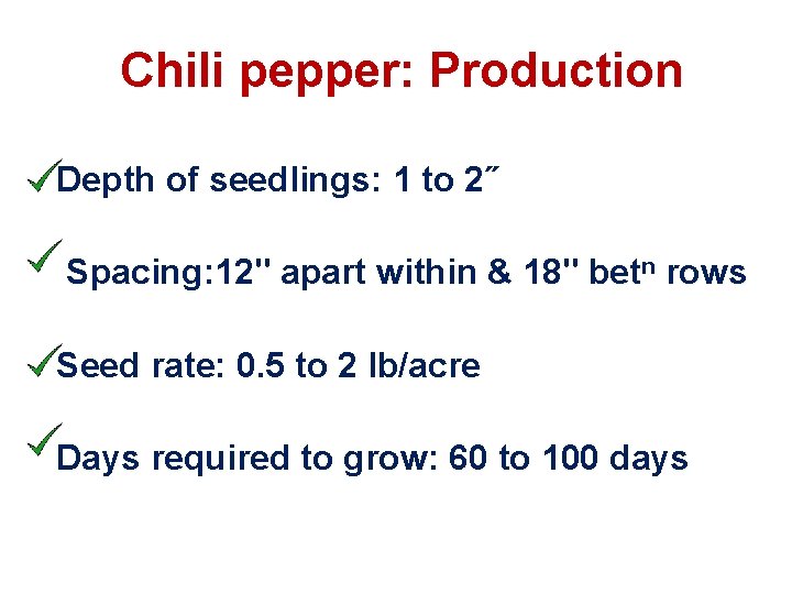 Chili pepper: Production Depth of seedlings: 1 to 2˝ Spacing: 12" apart within &