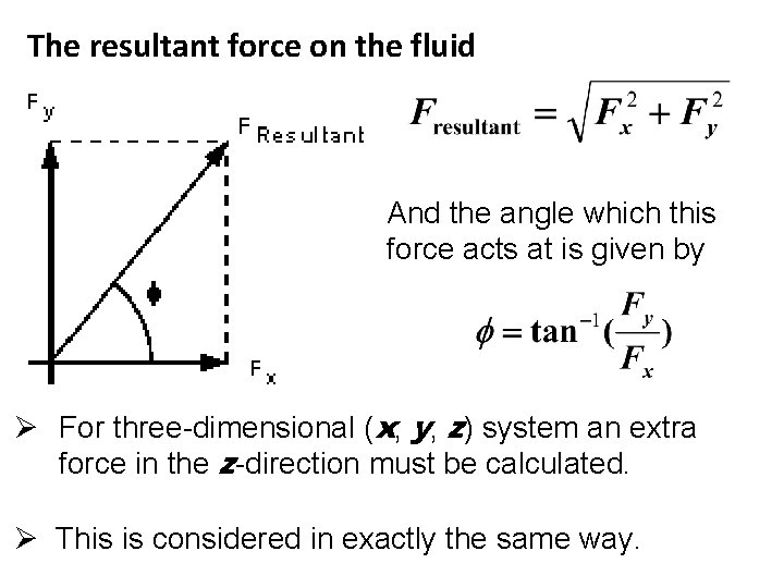 The resultant force on the fluid And the angle which this force acts at The resultant force on the fluid And the angle which this force acts at