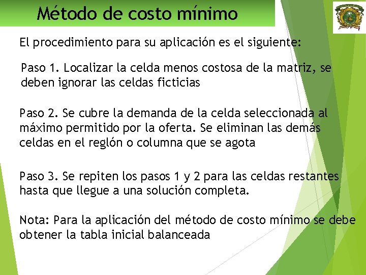 Método de costo mínimo El procedimiento para su aplicación es el siguiente: Paso 1.