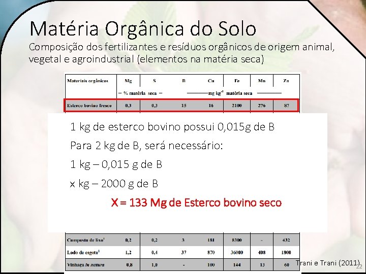 Matéria Orgânica do Solo Composição dos fertilizantes e resíduos orgânicos de origem animal, vegetal